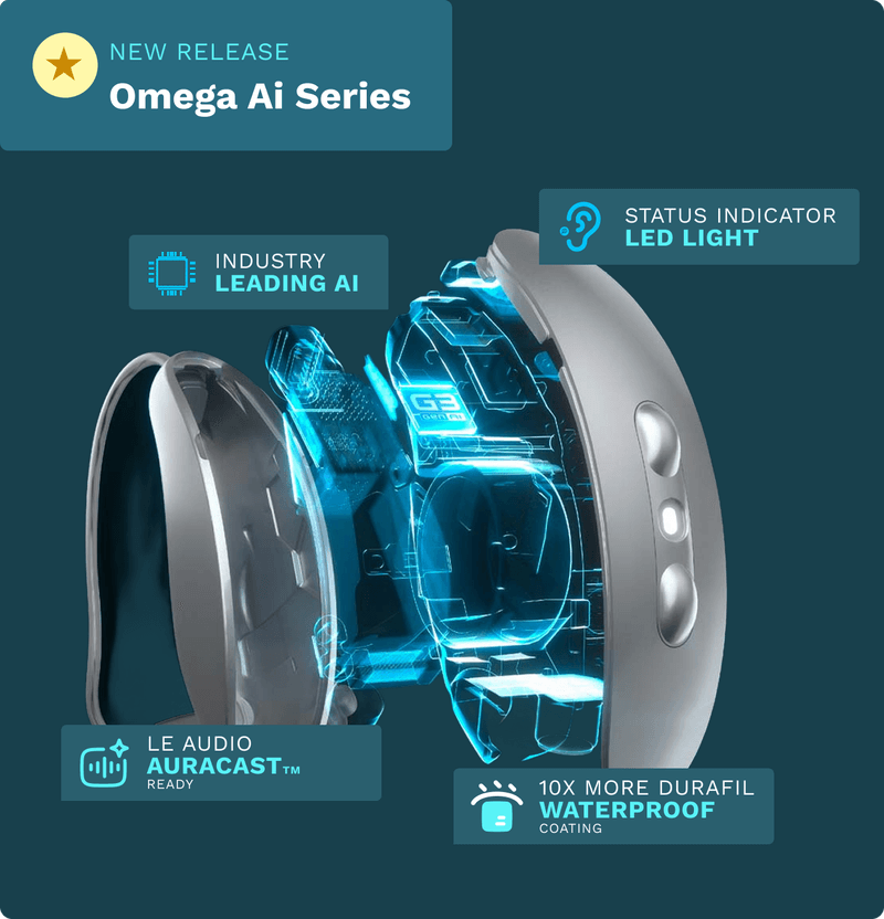 Starkey Omega AI hearing aid technology artwork showing the device design