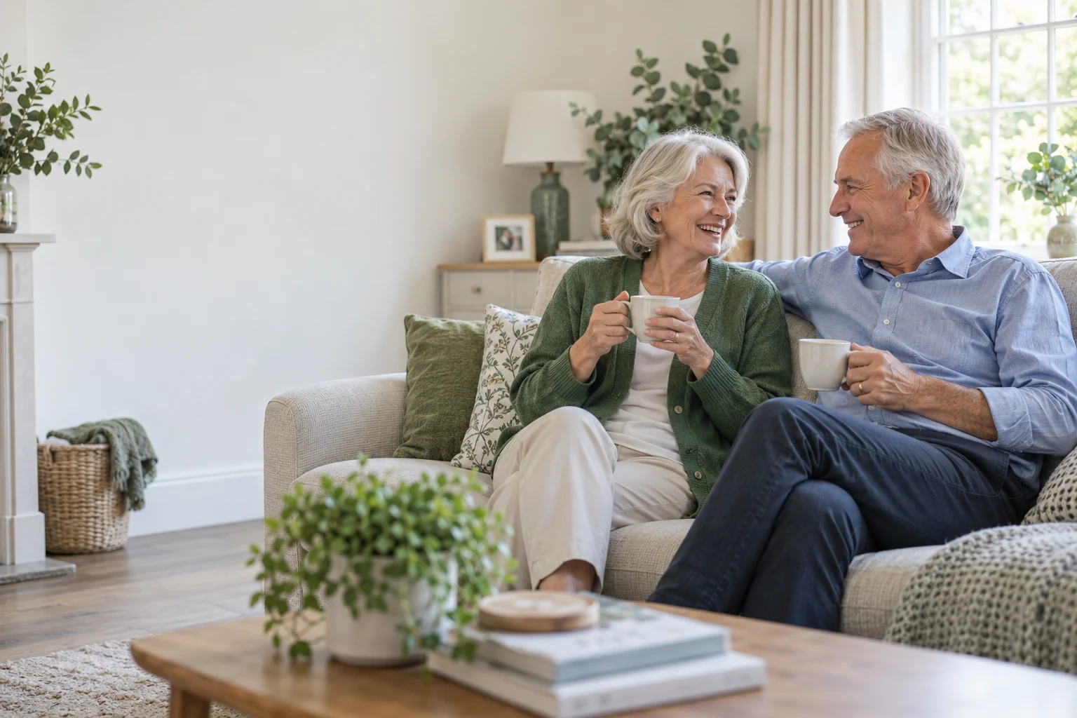 Older couple sharing tea and a relaxed afternoon at home